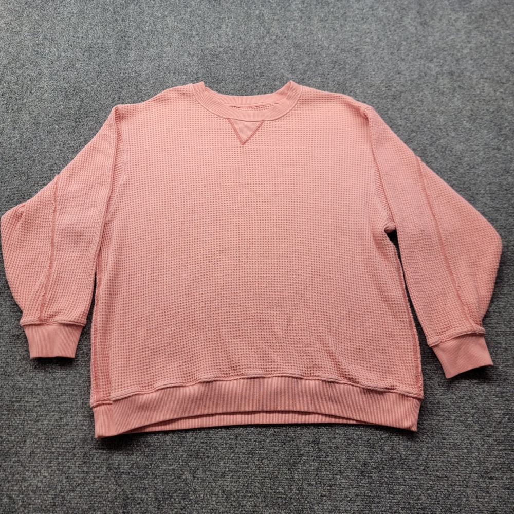 Aerie Waffle Knit Sweatshirt Pink Crew Neck Thermal Long Sleeve Women Medium